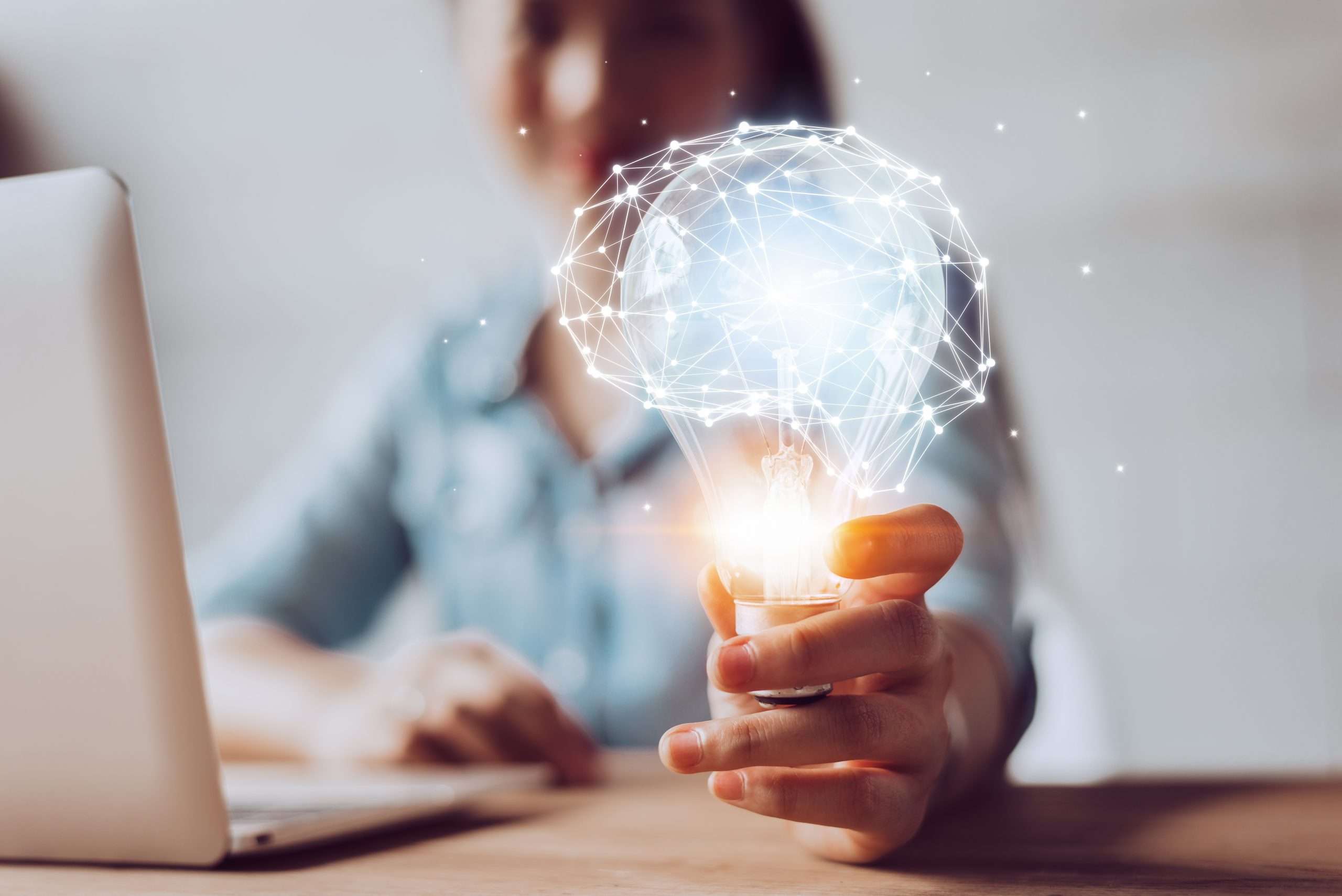 Concept of new idea and innovation with Brain and light bulbs